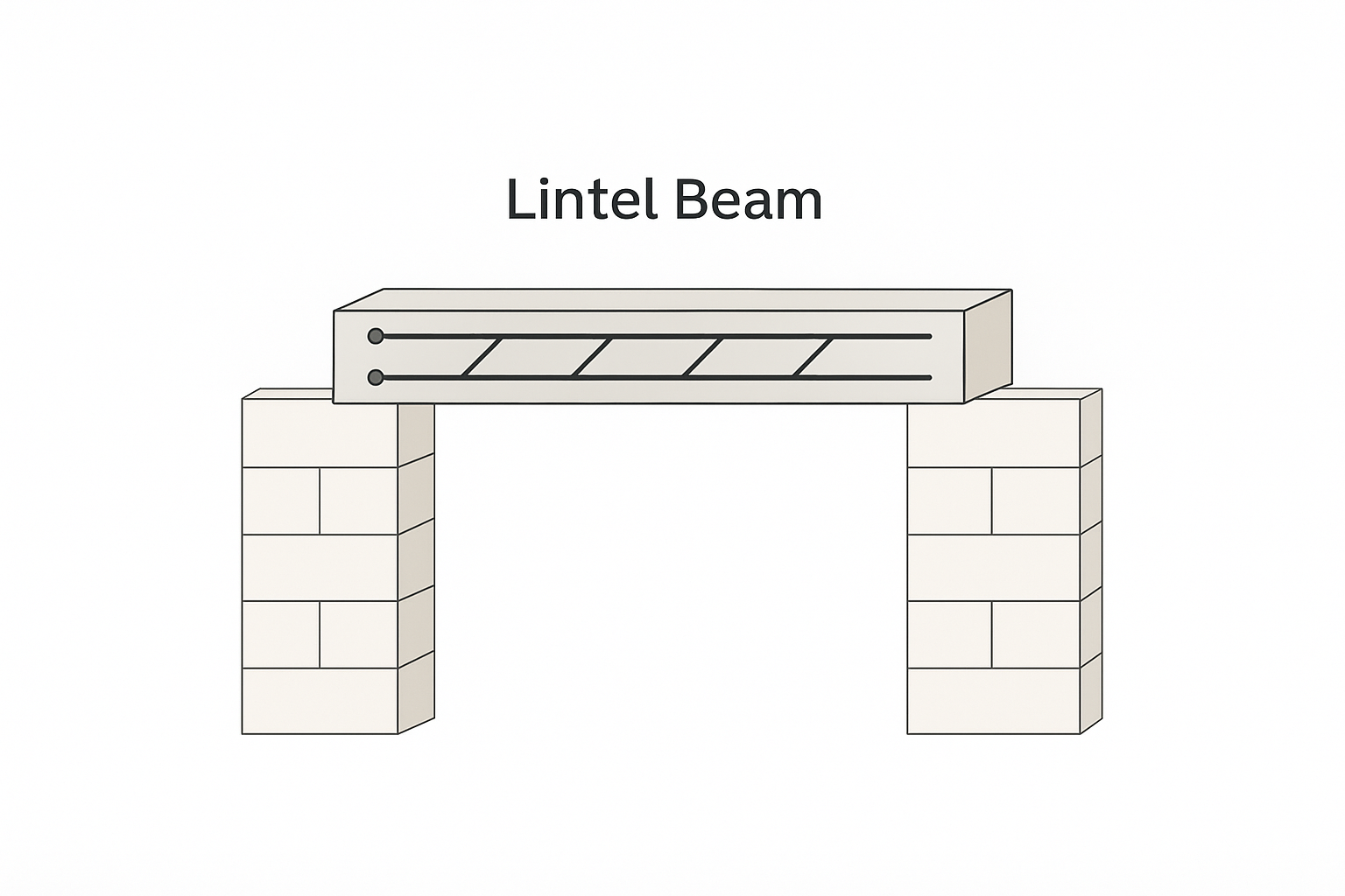 Cross-section infographic showing a lintel beam above a door opening with labeled parts, reinforcement details, and load distribution arrows.