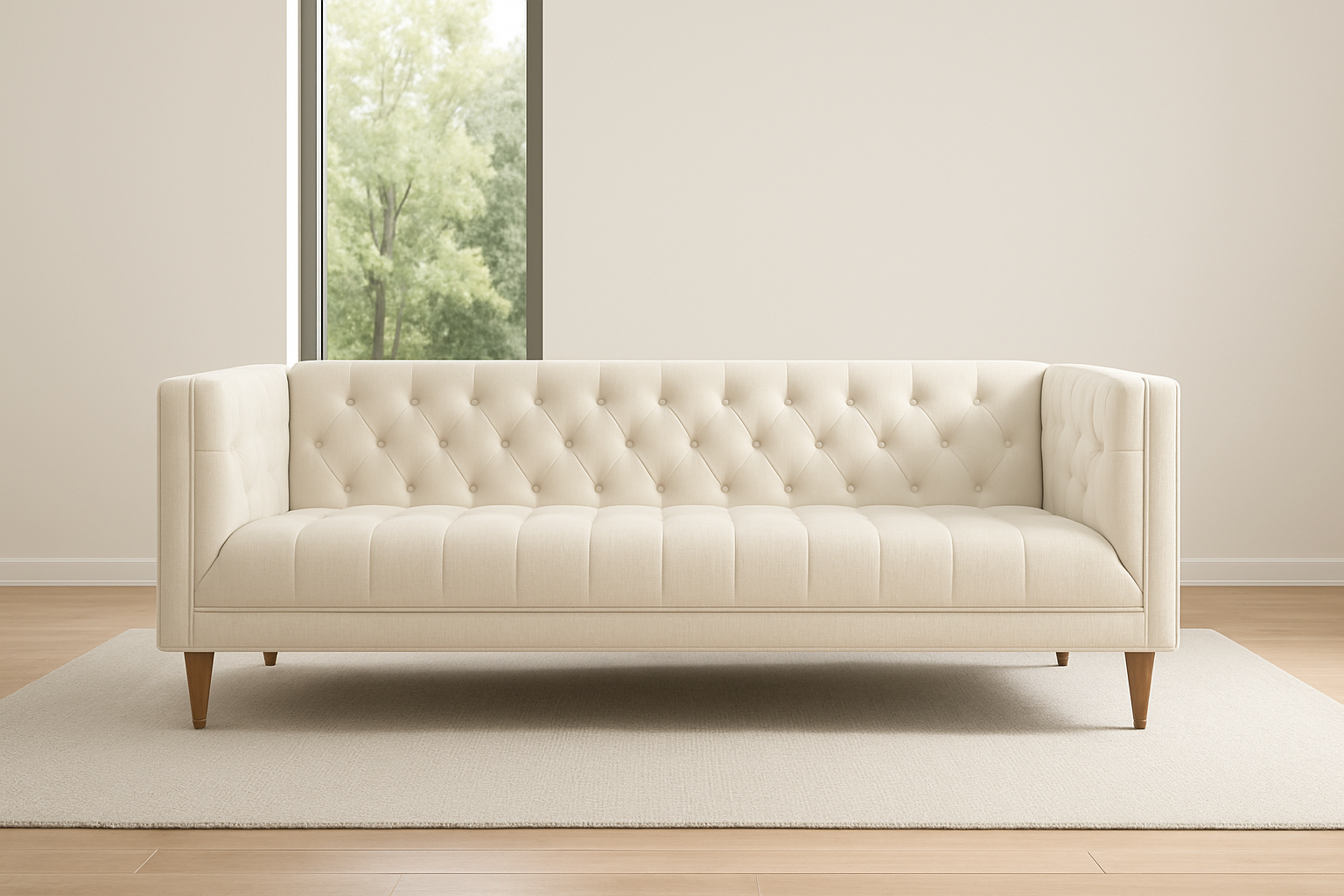 Elegant living room with cream sofa and large glass window as focal point.