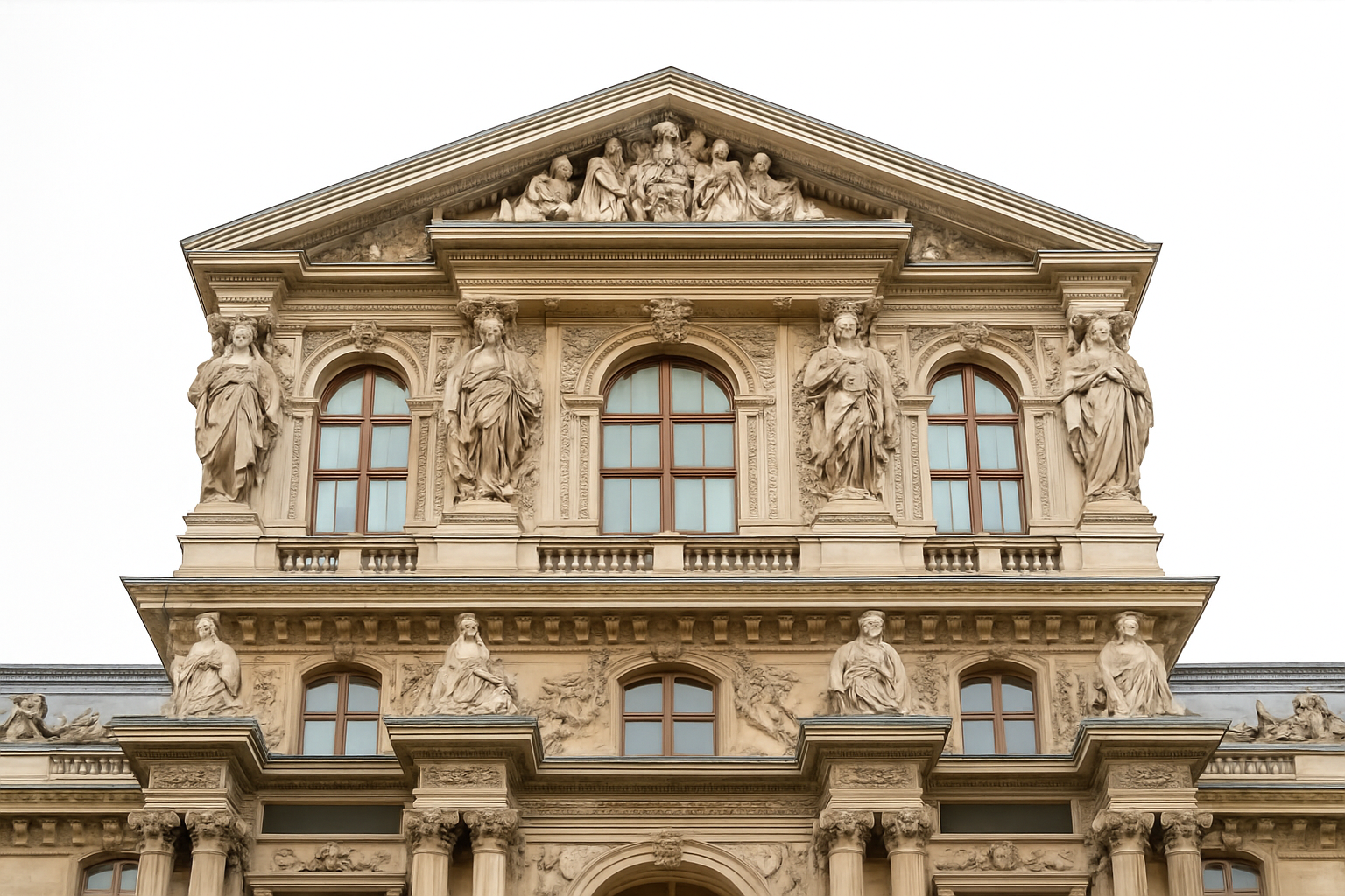 French Classical façade of the Louvre Museum in Paris, blending Classical order with subtle Baroque influence.