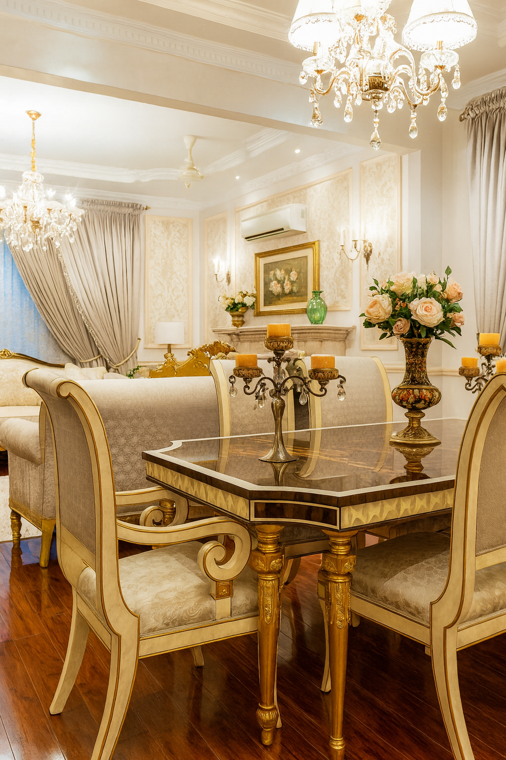 Elegant vertical view of a traditional American dining room with chandeliers, gold accents, and cream upholstery.