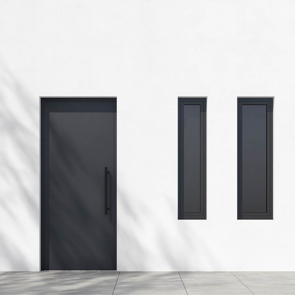 Minimalist white wall with modern door and two rectangular windows.