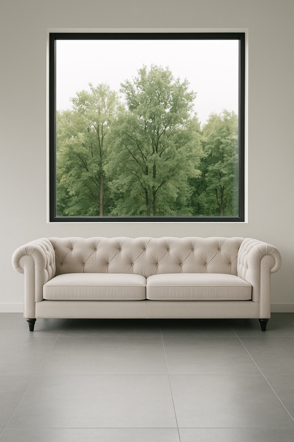 Modern living room with a beige Chesterfield sofa, off-white wall, and large picture window overlooking greenery.