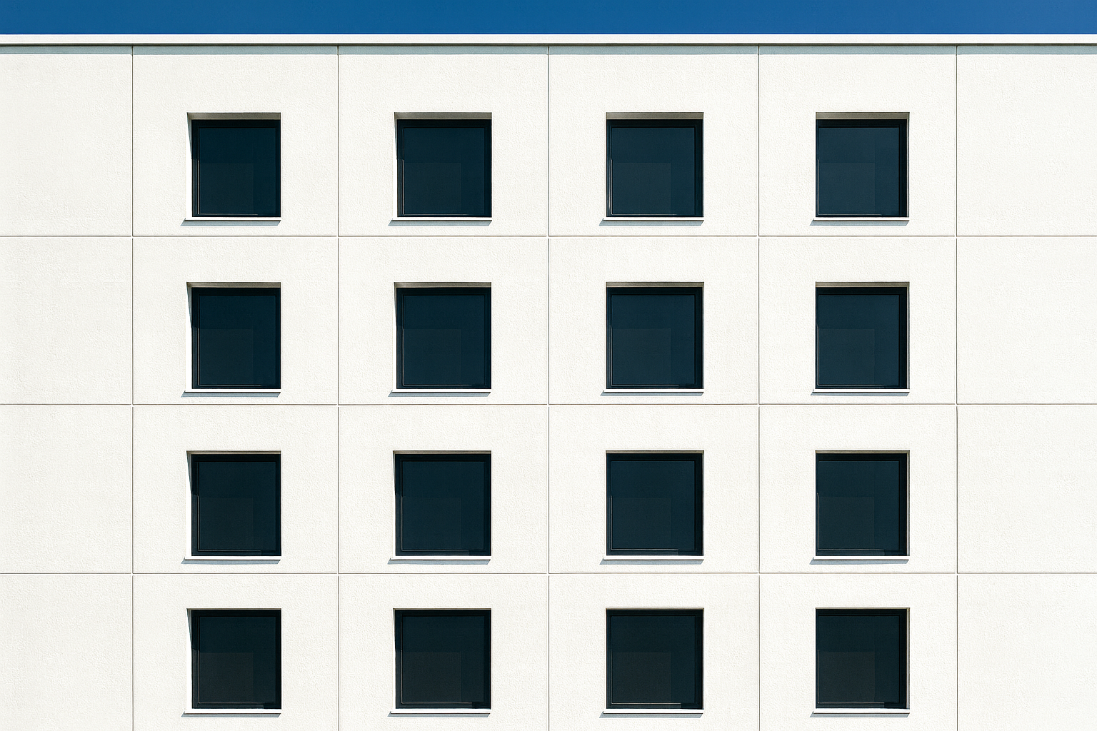 Minimalist modern building facade with symmetrical window arrangement, highlighting balanced architectural design.