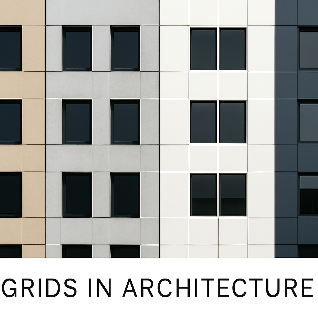 Modern architectural facade with grid patterns in glass and concrete.