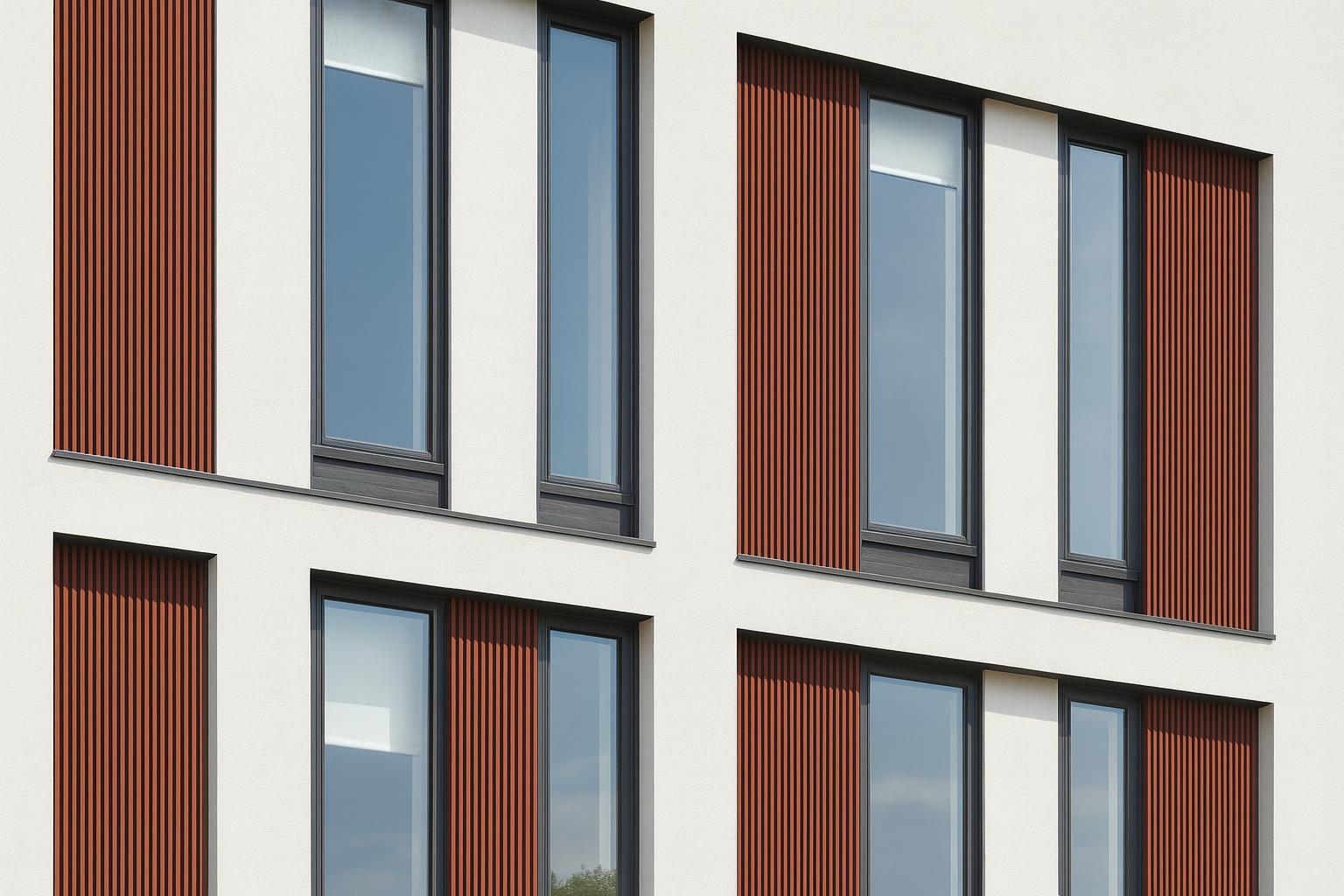 Diagonal view of a modern building with a textured facade, white window frames, and a clear focal point guiding the eye.