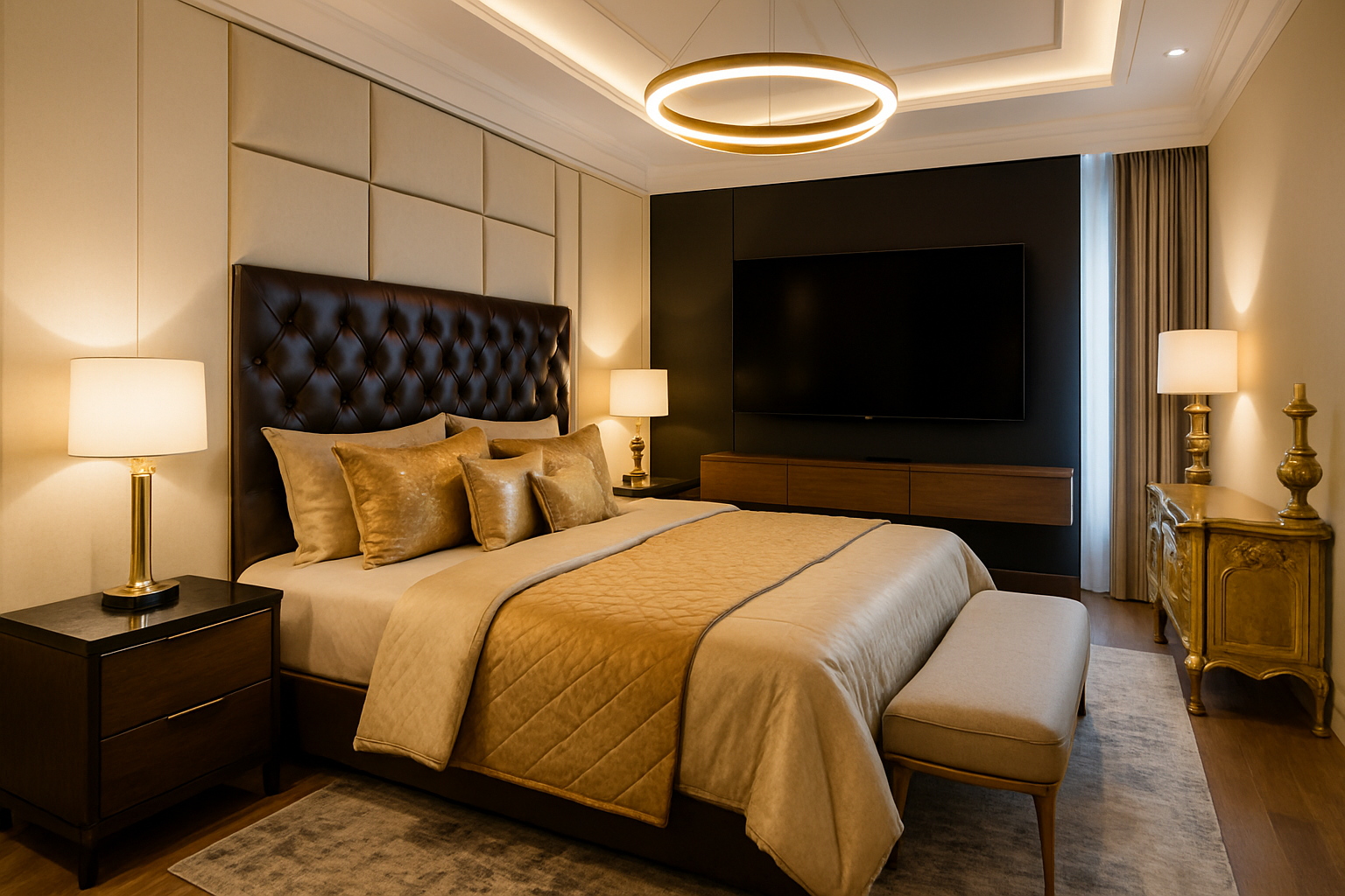 Luxurious bedroom blending modern and classical design with gold accents and warm lighting.