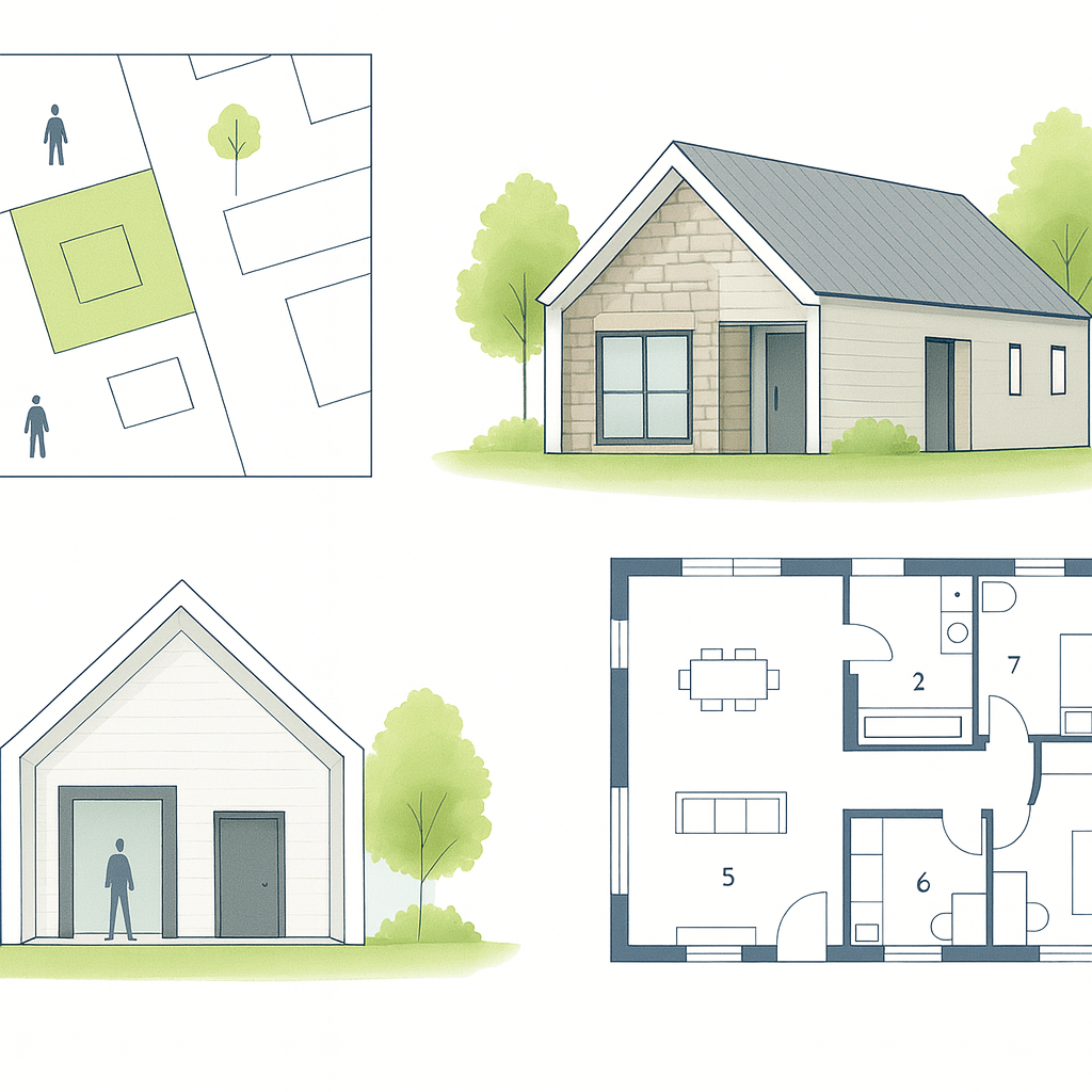 Modern cross gable house illustrated in clean architectural style with plan, elevation, and site layout.