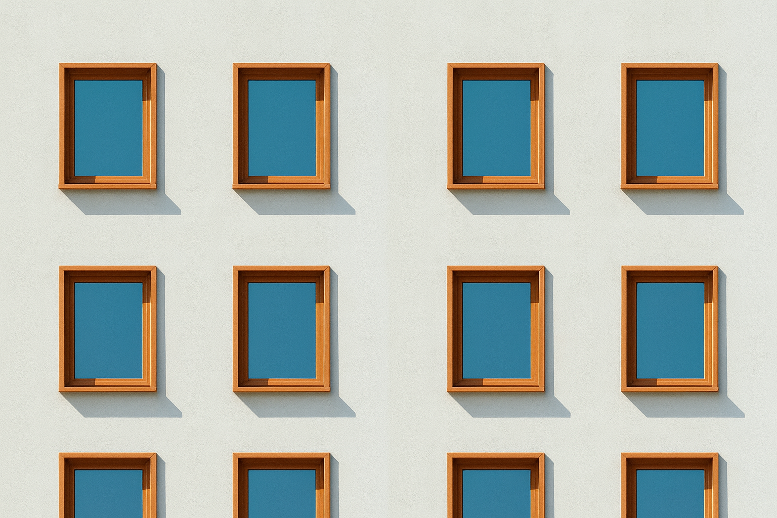Contemporary building facade with symmetrical modern windows in soft neutral tones.