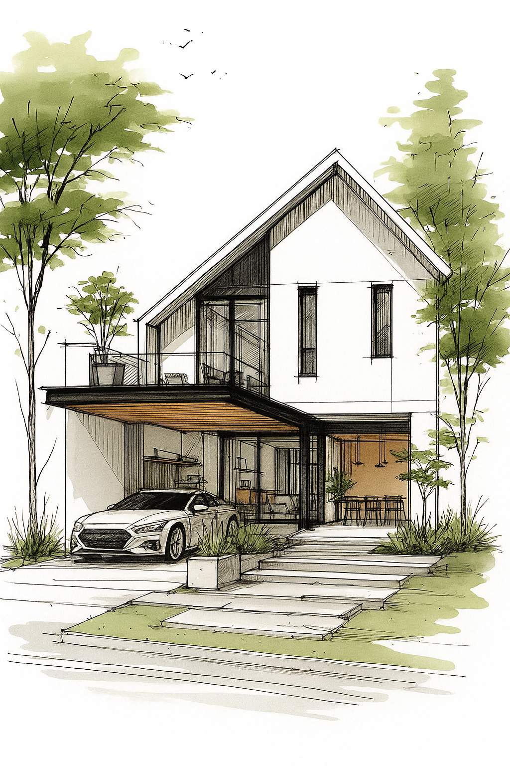 Architectural sketch of a modern gable house with crisp eaves, glass facade, and open balcony over the carport.