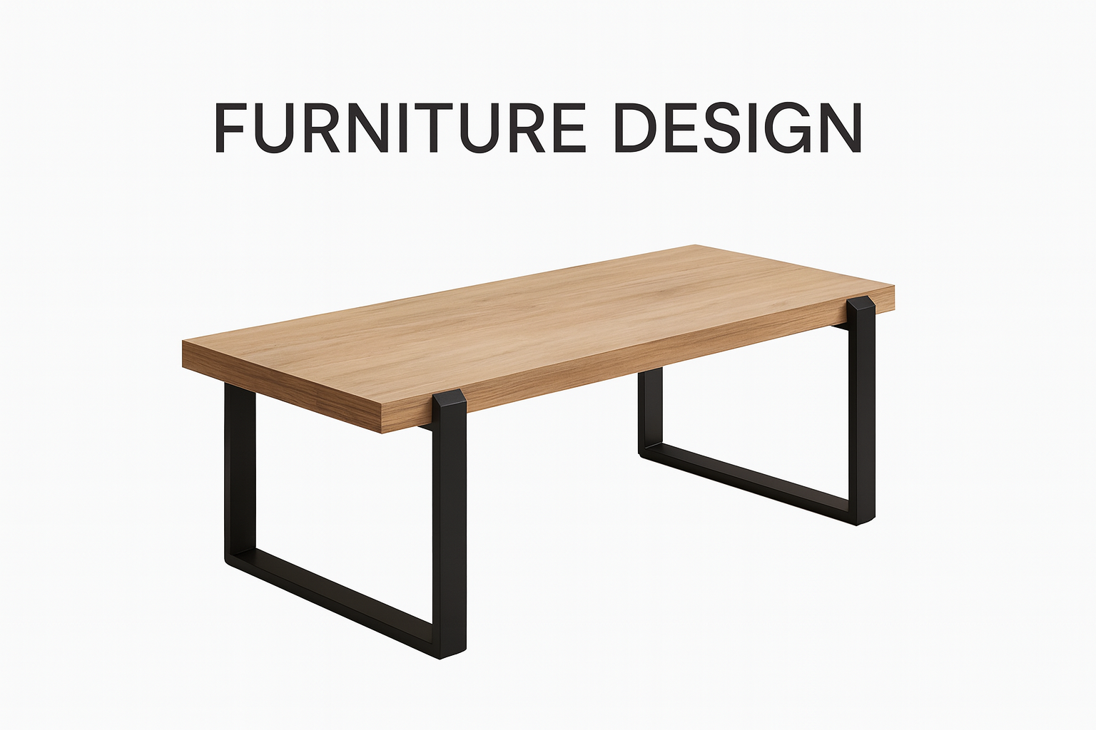 Modern furniture design concept featuring a simple wooden table with black metal frame.