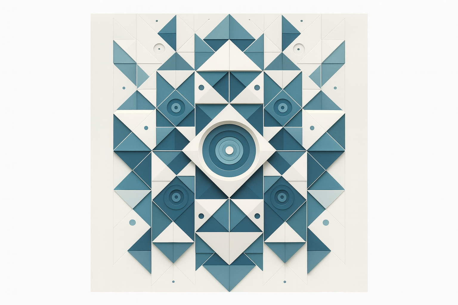 Minimal geometric composition featuring modern architectural symmetry with white, gray, and blue tones, showcasing precision and balance in design.