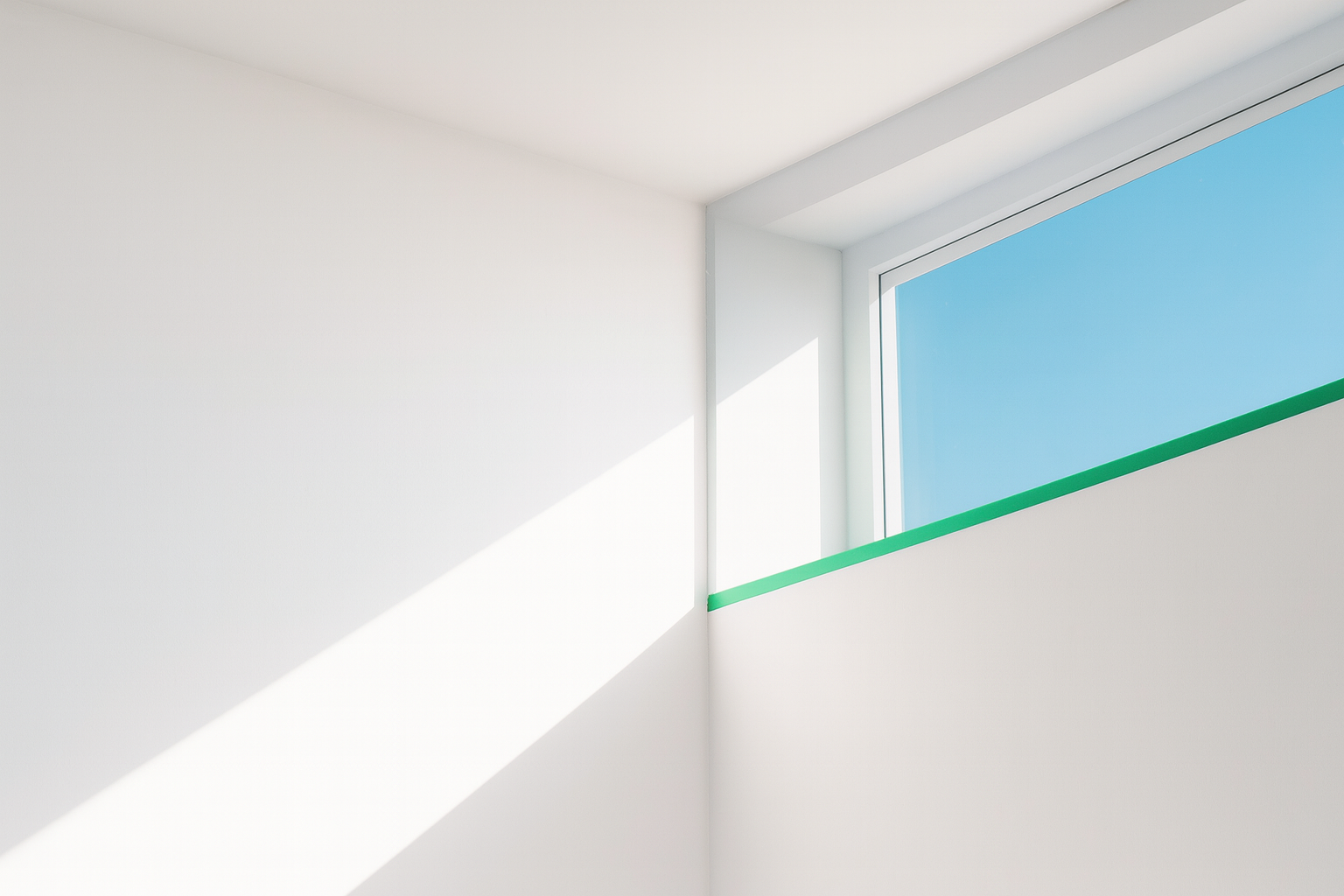 Minimalist interior with modern green-framed window and sunlight casting sharp diagonal shadows.