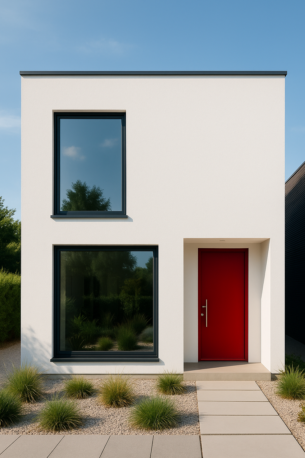 Contemporary minimalist home with a red door accent and dark-framed windows, showing balance between simplicity and contrast in modern architecture.