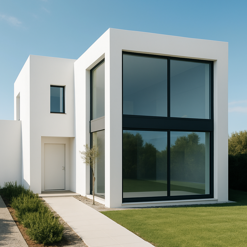 Contemporary two-story house with white stucco and large floor-to-ceiling glass windows.