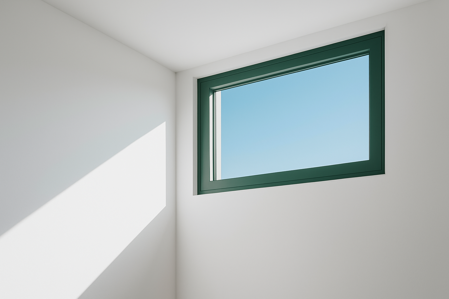Minimalist white interior with matte black-framed window and natural daylight shadows.