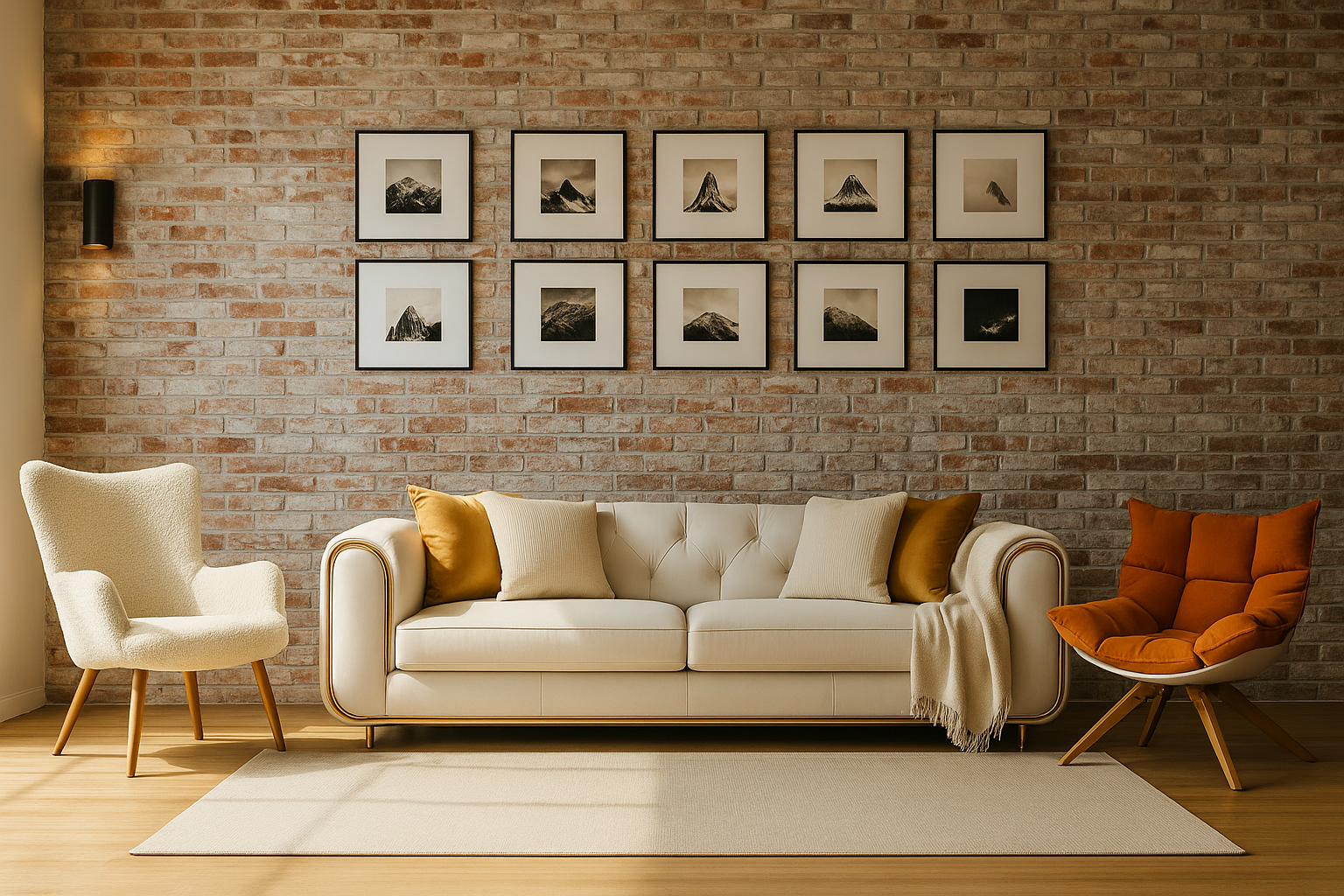 A modern living room with whitewashed brick wall and elegant sofa.