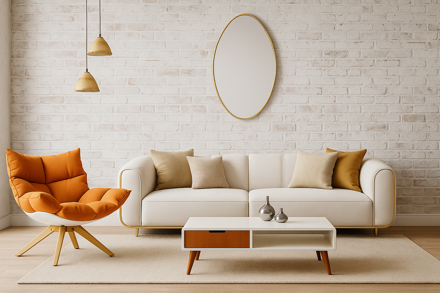 Modern living room with white brick walls, luxury white sofa, orange accent chair, minimalist coffee table, and gold-framed mirror.