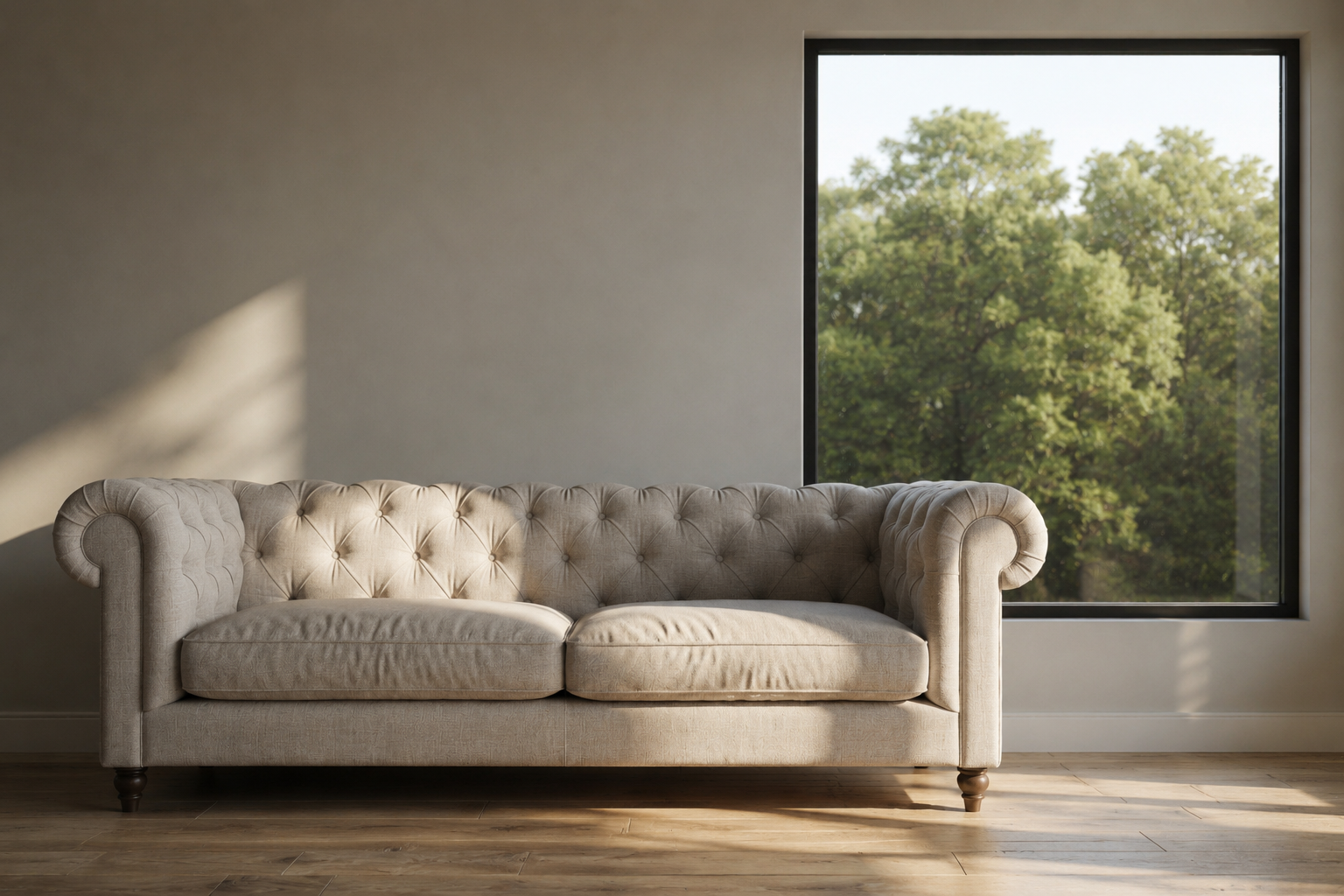 Large picture window beside a tufted sofa bringing natural light into a modern living room.