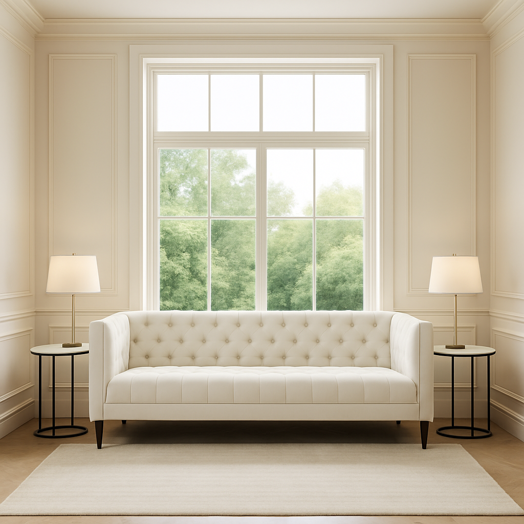 Elegant living room with cream sofa and large window as focal point.
