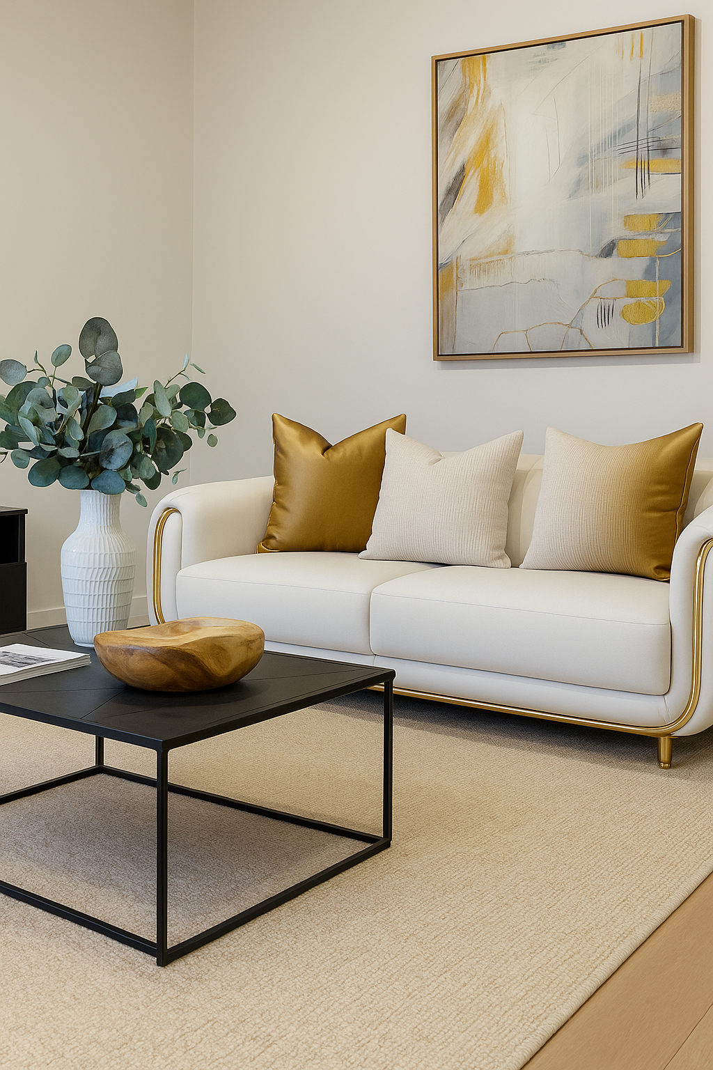 Modern living room with a white and gold sofa, beige rug, black coffee table, and art on the wall.