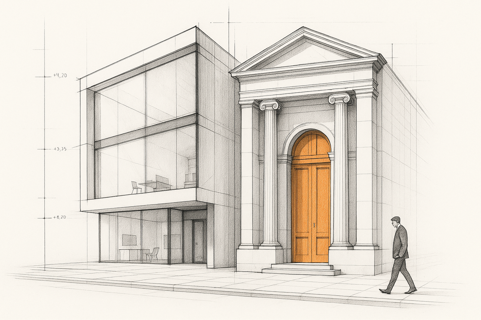 Architectural sketch showing contrast between modern and traditional materials.