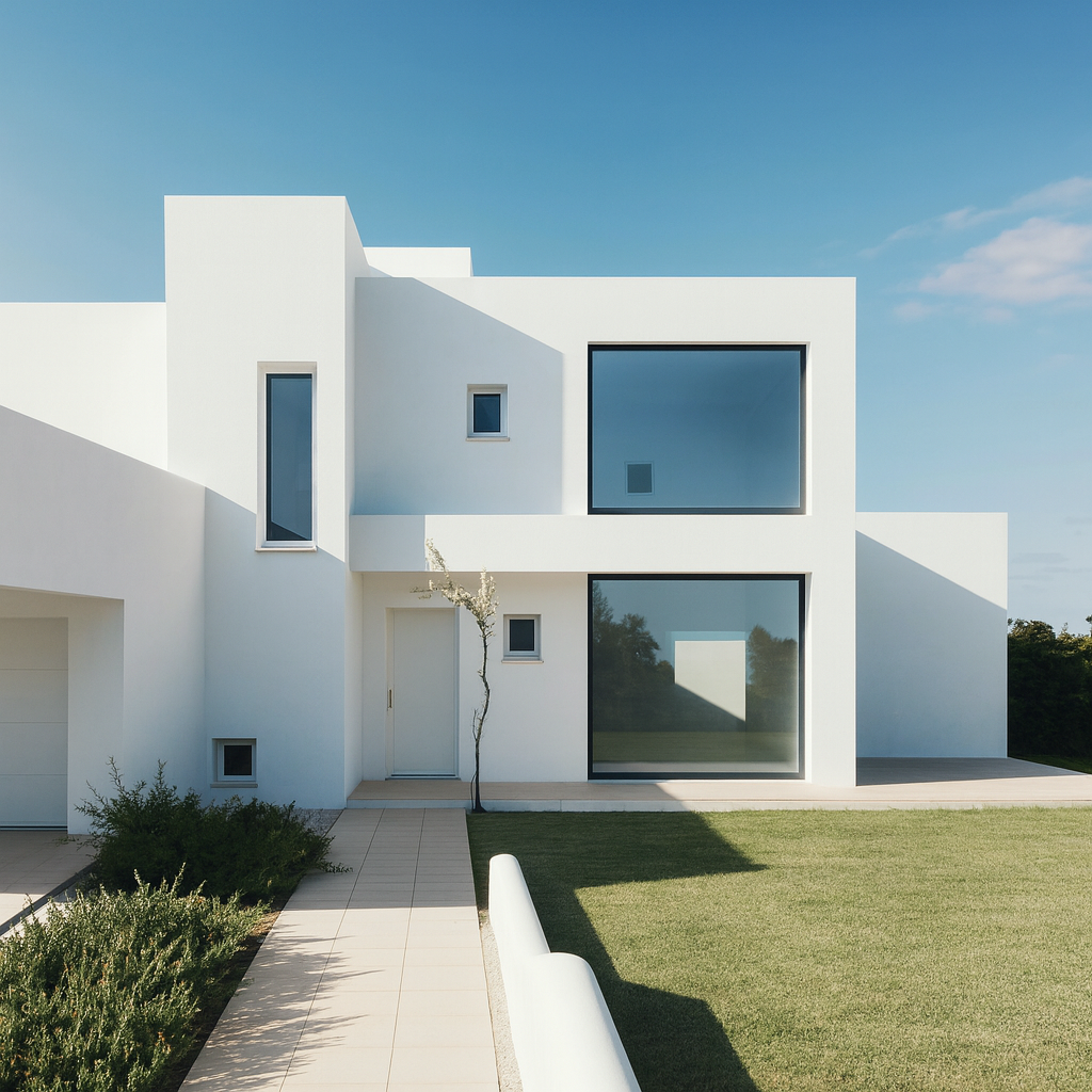 Contemporary white stucco house with huge modern windows and minimalist design.