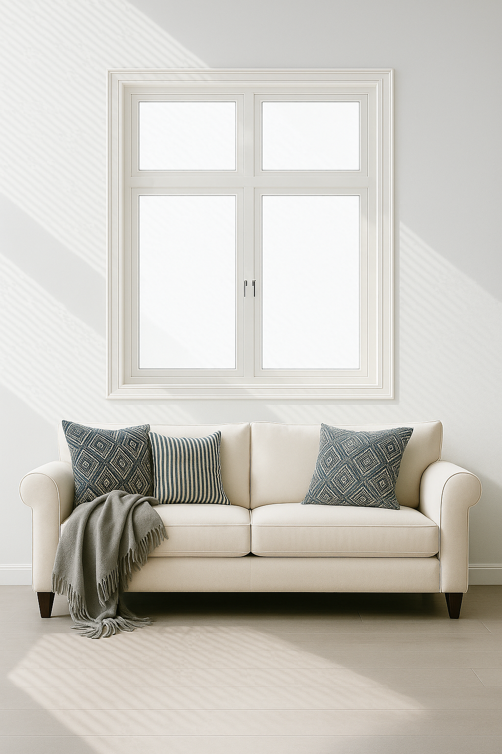 Bright living room with cream sofa and double-hung window with sunlight reflections.