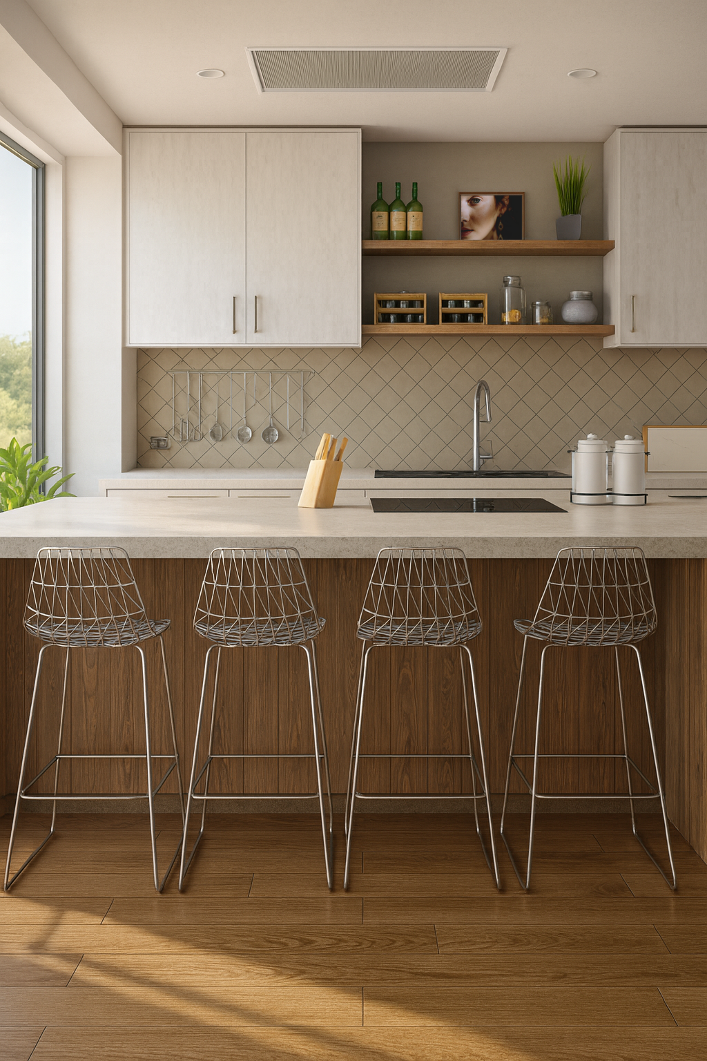 Contemporary kitchen with natural wood island, stone countertop, and wire-frame bar stools.