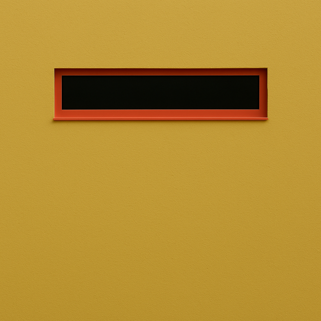 Narrow horizontal modern window with red frame on mustard yellow wall.