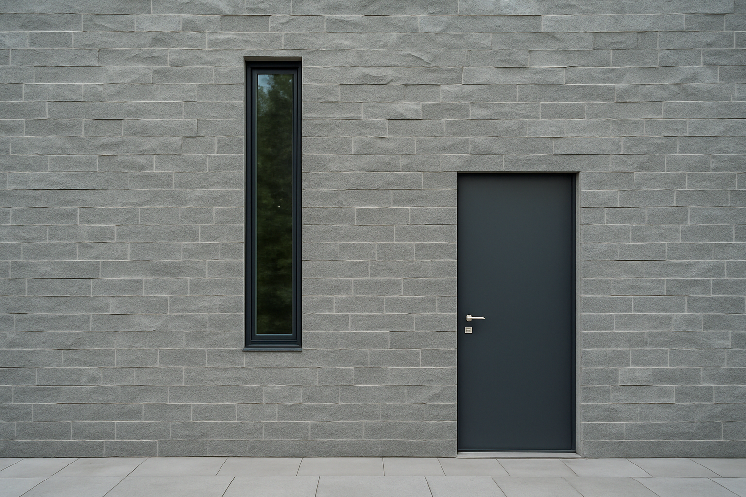 ontemporary house entrance with a narrow window on the left side of the main door.