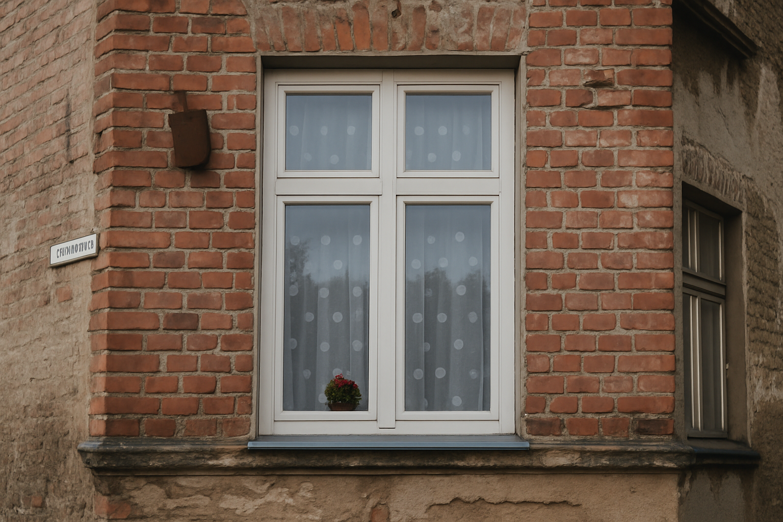 Old brick wall with peeling paint and concrete patches around window before restoration.