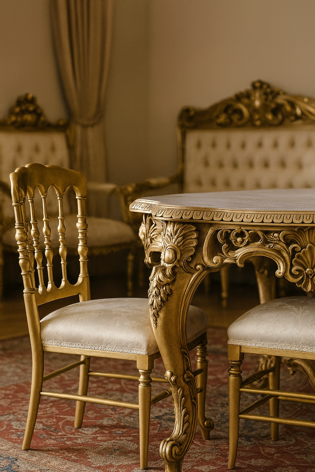 Elegant golden dining set with antique carved table and chairs.