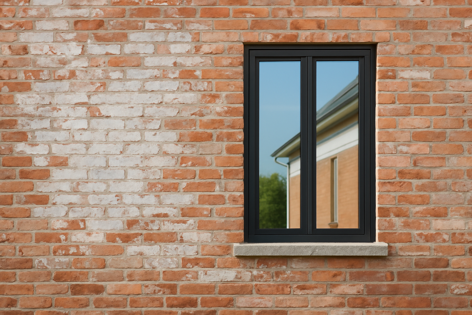 Old brick wall with peeling white paint and a modern black-framed window.