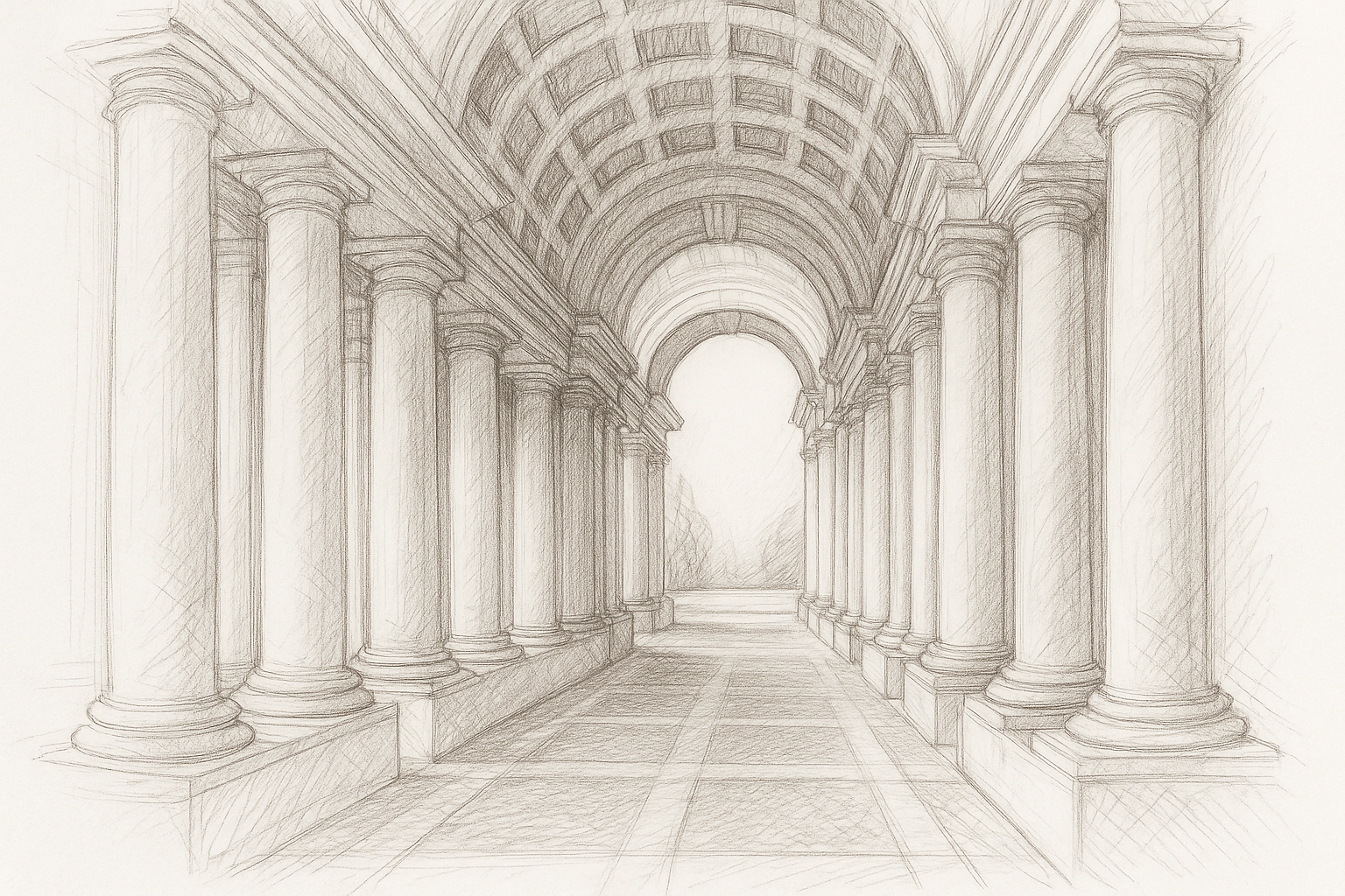 Architectural sketch of the Perspective Gallery at Palazzo Spada in Rome designed by Francesco Borromini, showing illusionistic Baroque colonnade depth.