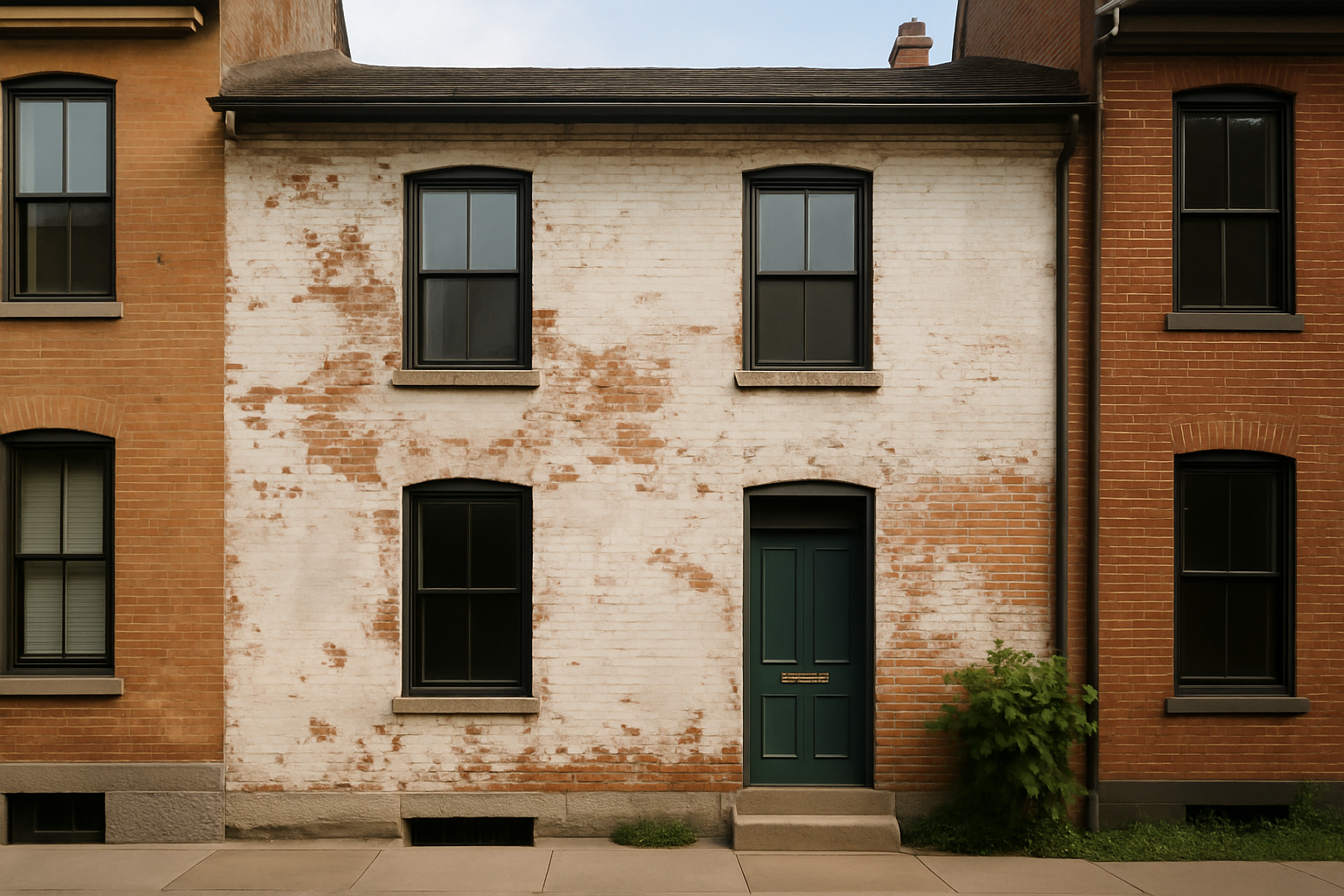 Row of townhouses with one old brick house covered in peeling white paint revealing red bricks.