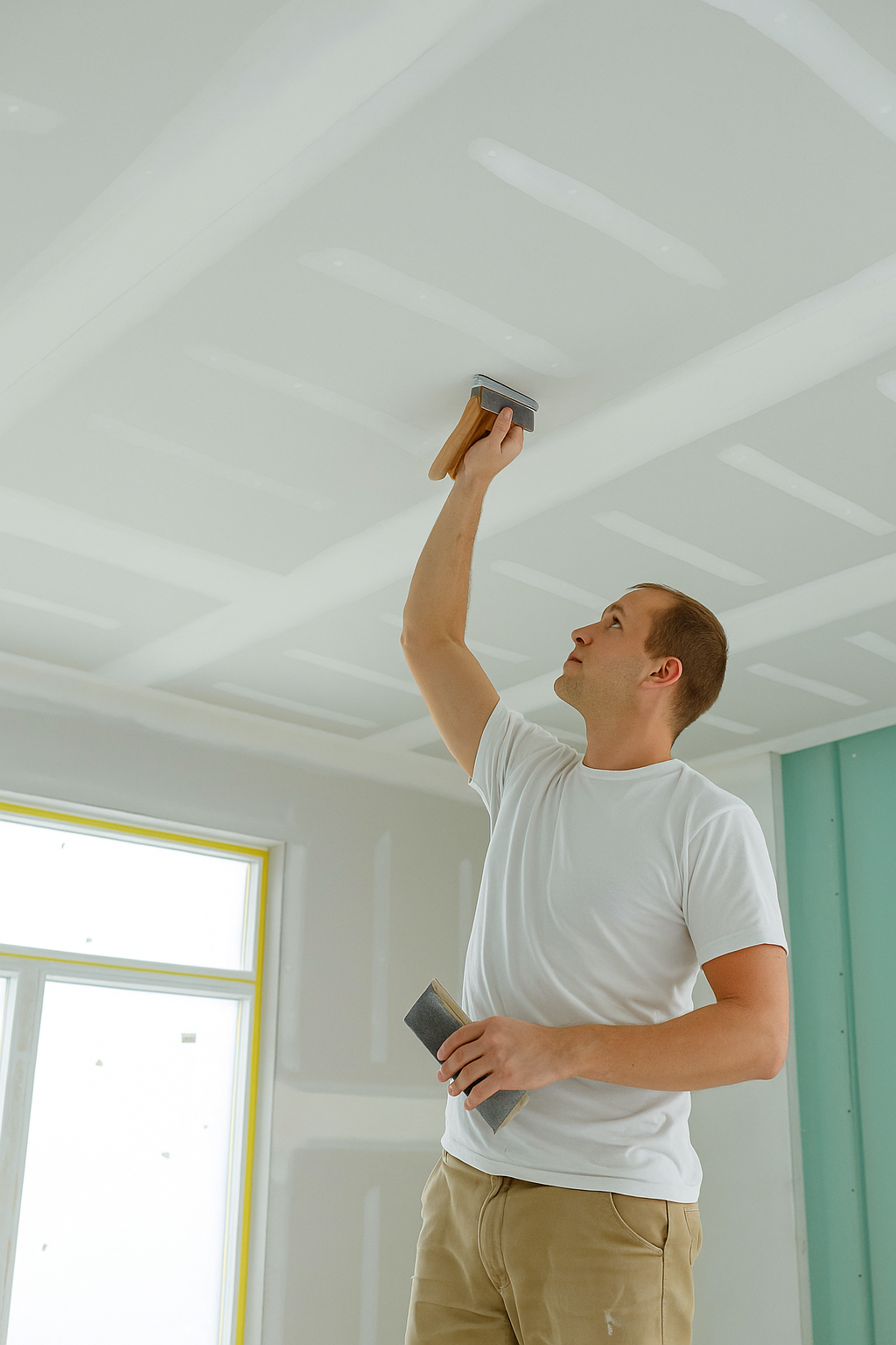 Worker sanding a newly repaired plaster ceiling with clean white drywall finish.