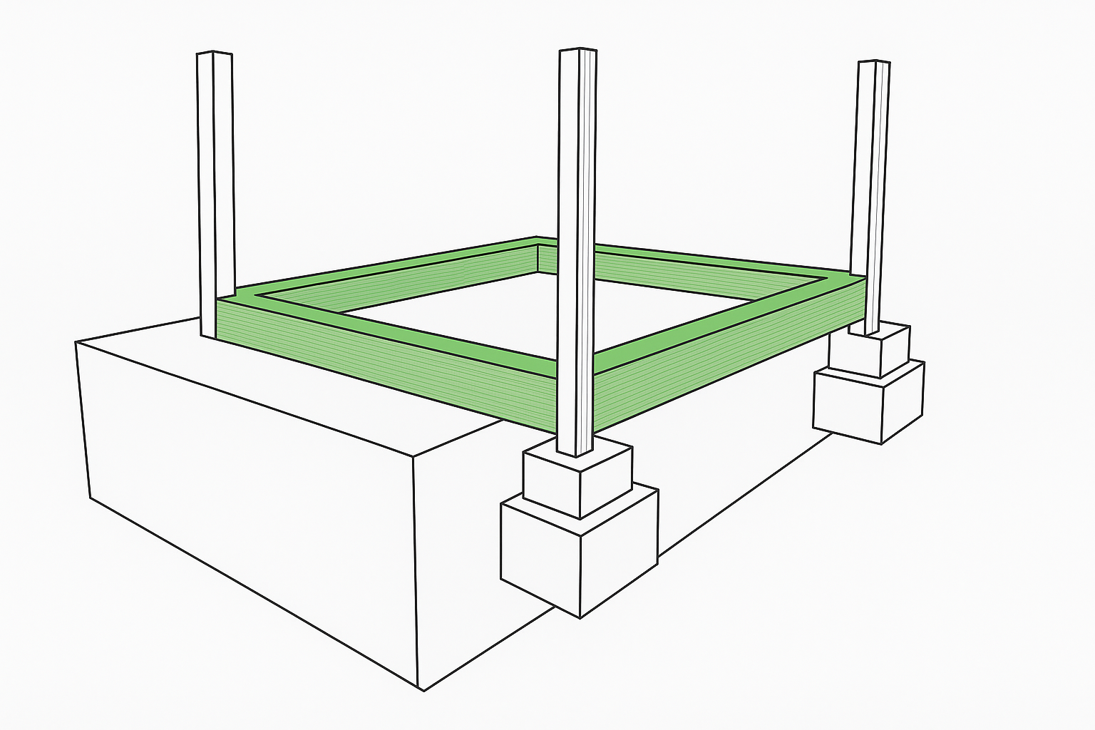 Technical illustration of a green plinth beam and foundation system with precise linework and structural detailing.