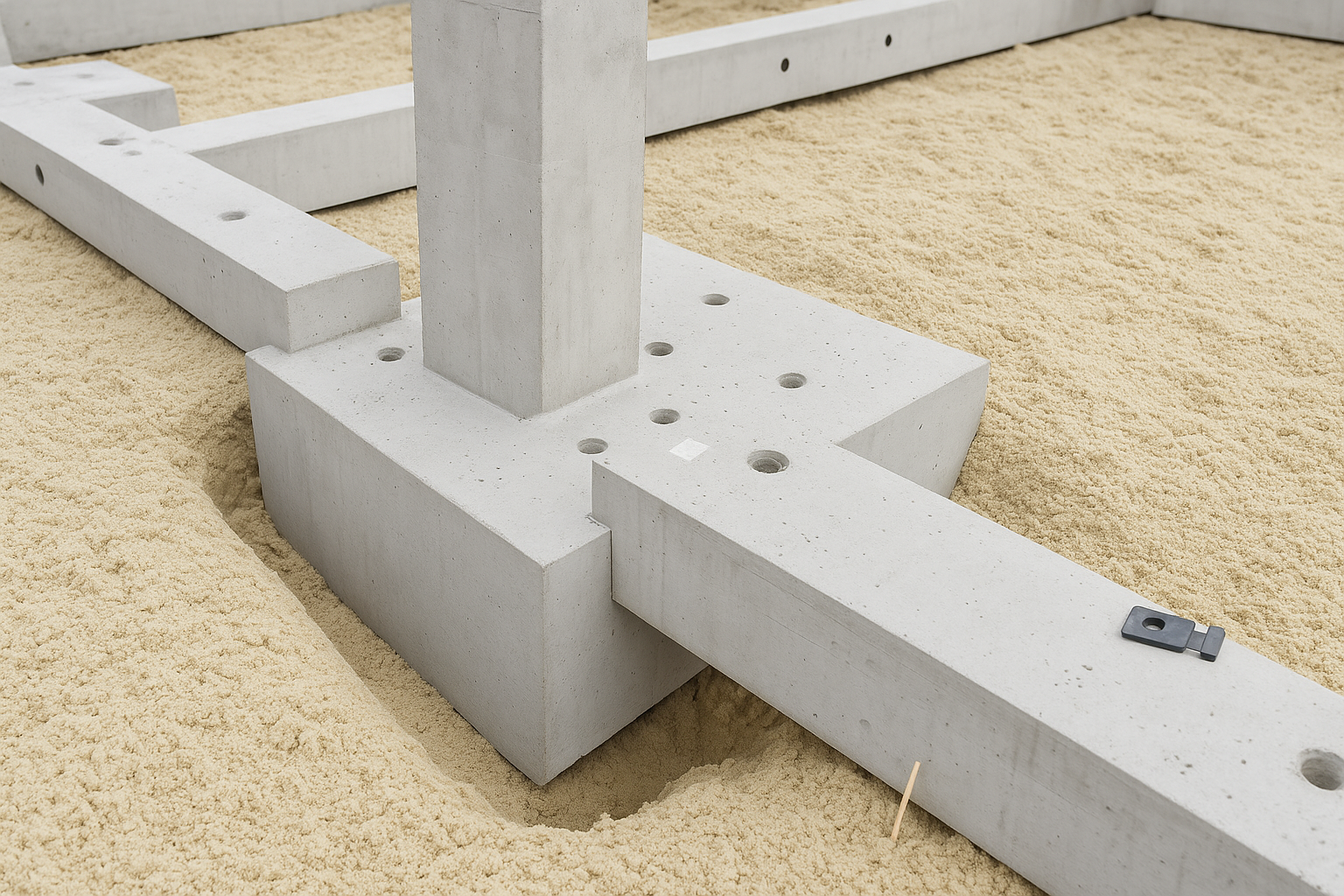 Infographic showing a precast foundation system with a tie beam slotted in place for column alignment and stability.