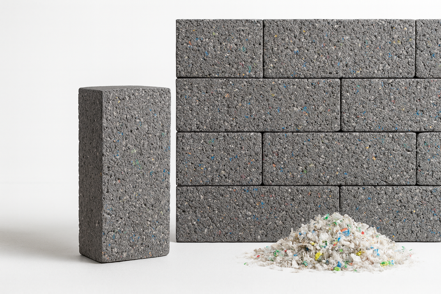 Recycled plastic bricks with a small wall section and shredded plastic.