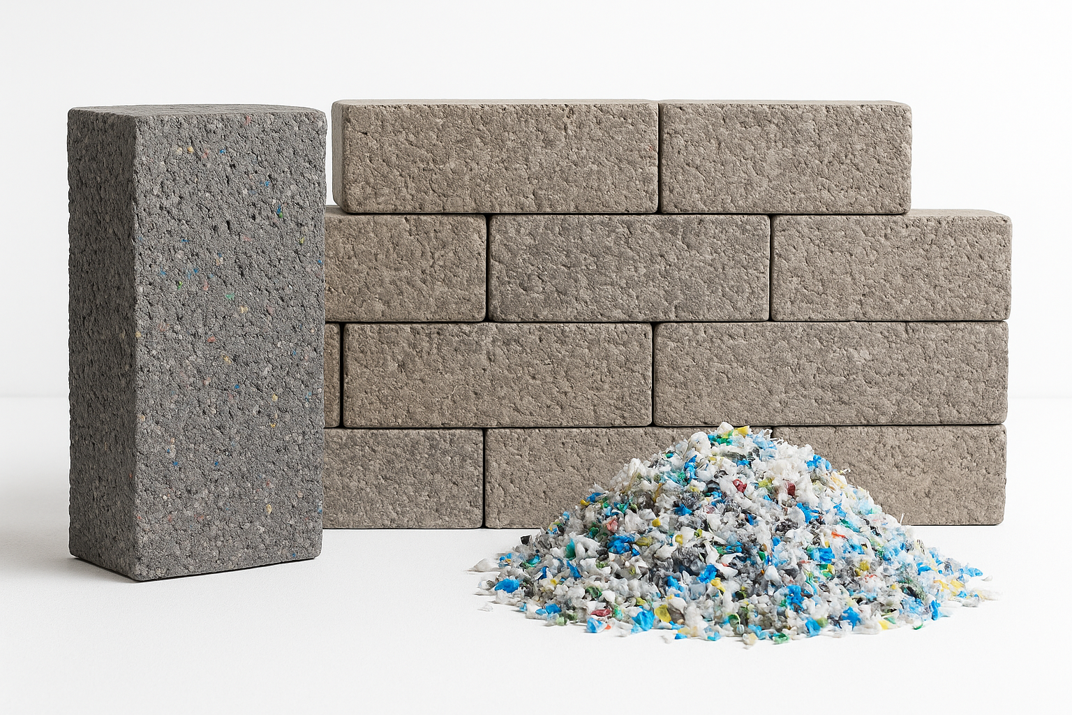 Infographic showing recycled plastic bricks with a greige wall background and shredded plastic material details.