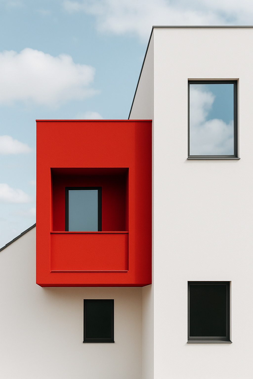 Contemporary minimalist home with red contrast detailing against a white façade, showing balance and visual tension in modern design.
