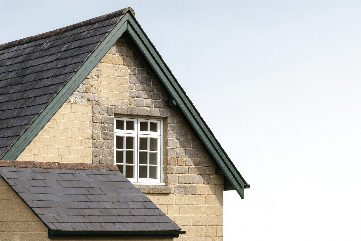 A freshly restored stone house with clean slate roof, renewed facade.