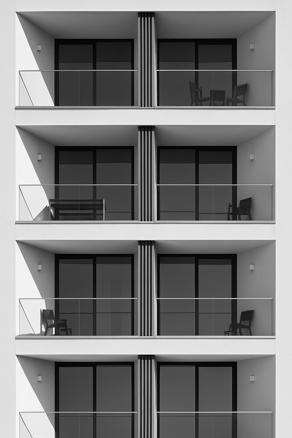 Contemporary building front with rhythmic balcony pattern and symmetrical geometry.