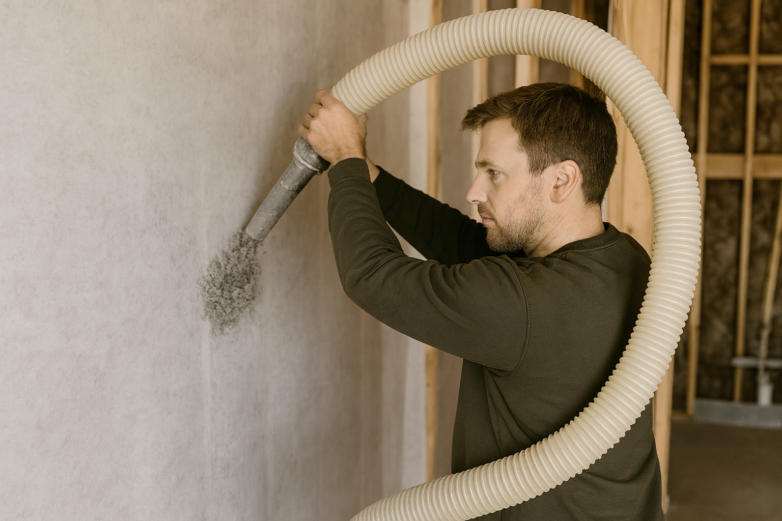 Worker blowing Rockwool insulation into a wall cavity with large hose, inside framed construction wall.