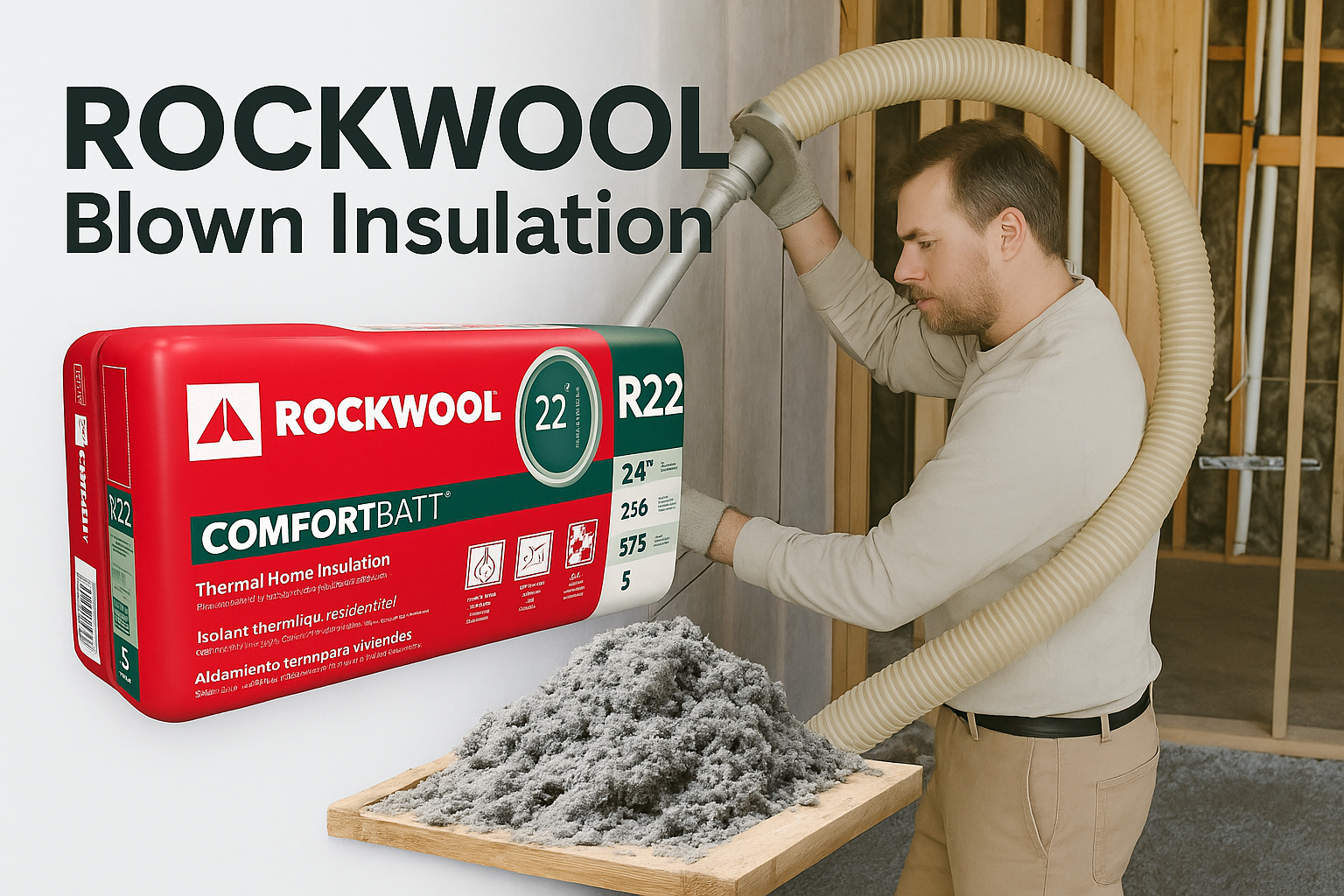 Rockwool ComfortBatt insulation with loose blown material on worksite floor between joists, natural lighting.