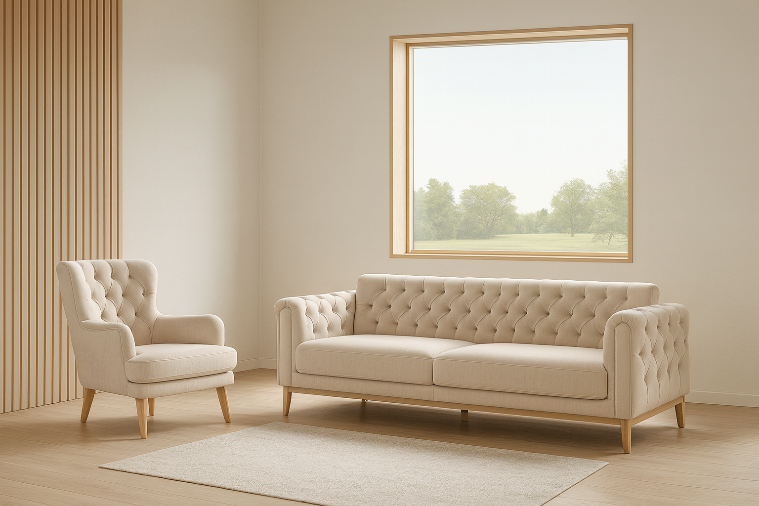 Scandinavian living room with large modern window and tufted beige sofa.