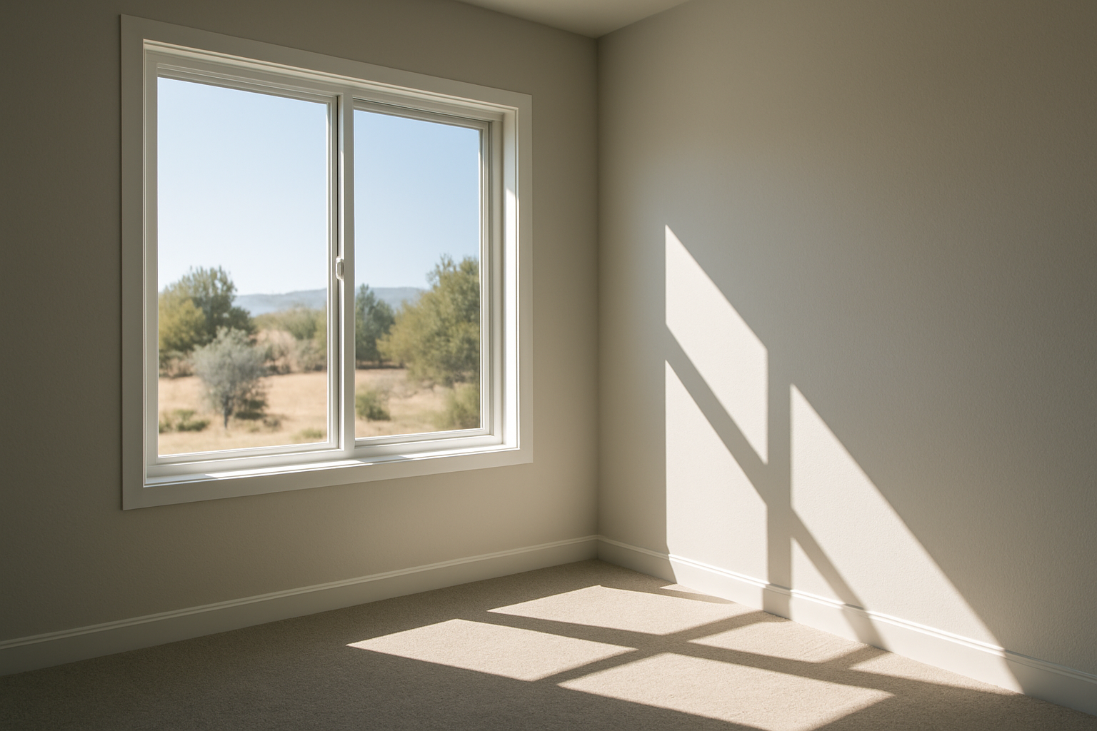 Modern room corner with large sliding window and natural light reflections.