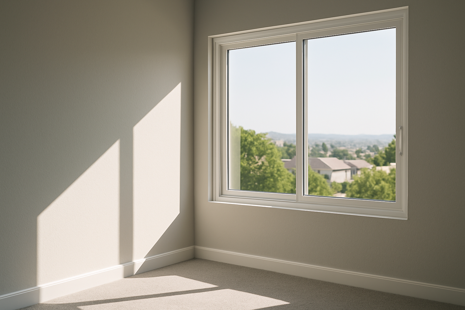 Minimalist modern interior featuring a wide sliding window that opens side to side,