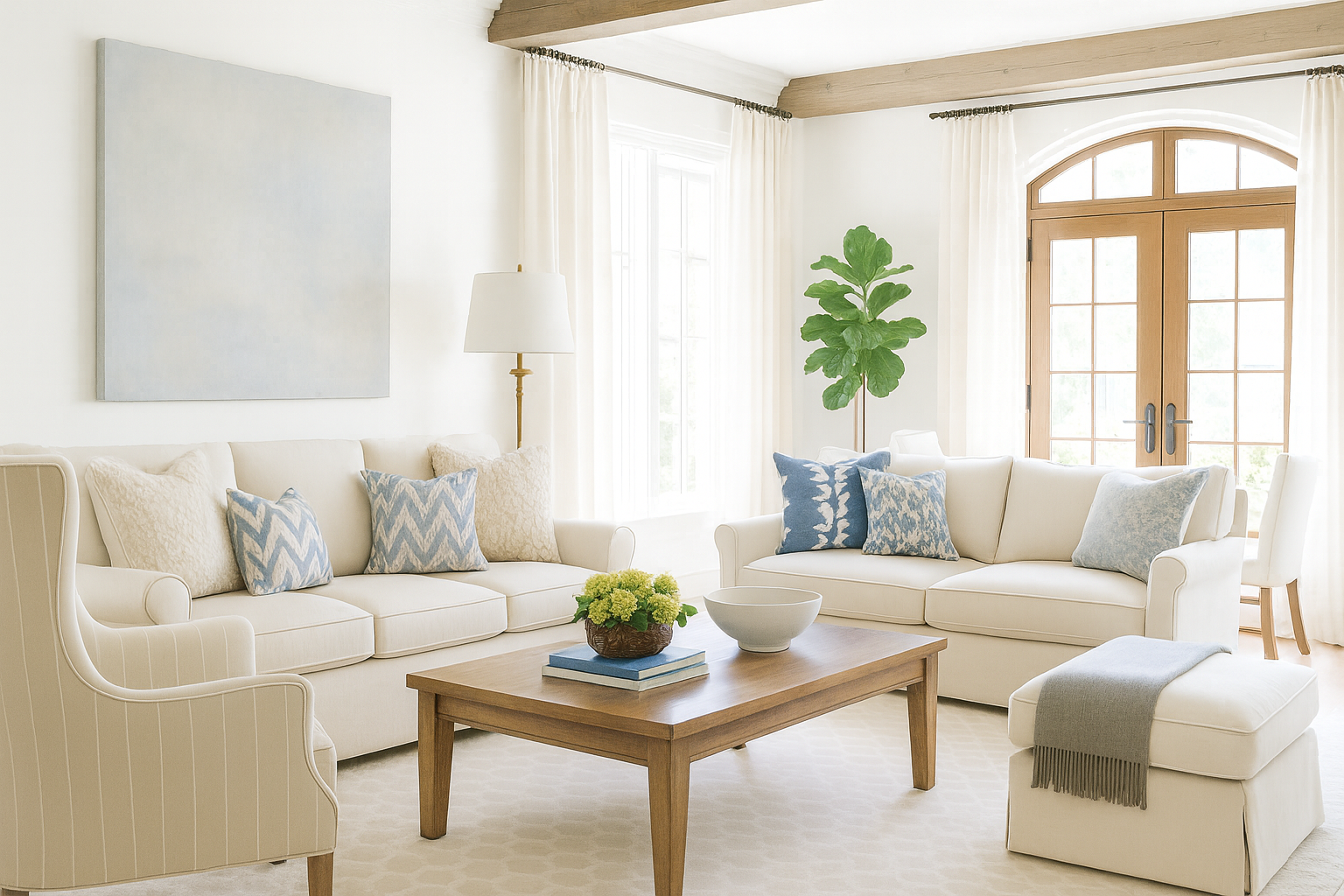 A bright, natural-light Southern living room with white linen curtains, twin sofas, a wooden coffee table, and serene neutral tones.
