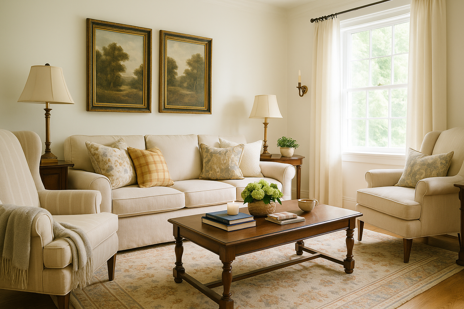 ozy Southern traditional living room with warm natural light, cream furniture, dark wood coffee table, patterned rug, and brass lamps.